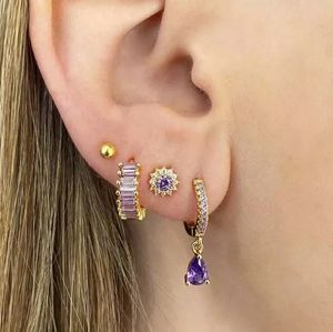 Amethyst Purple Pave & Gold Huggie Hoops